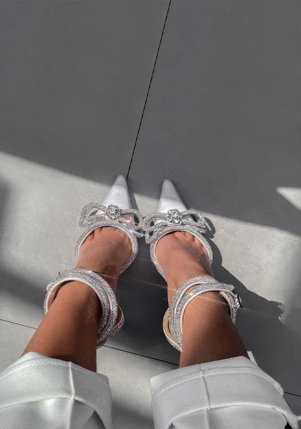 Diamante Bow Wrap Around Perspex Heels - White - Sonnettico Shop