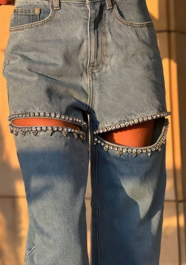 Sparkle Rhinestone Distressed High-Waisted Jeans